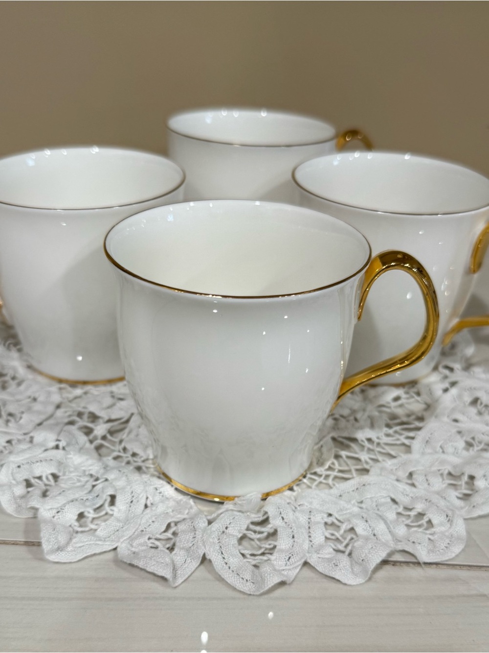 Royal Albert Val D’Or Elegant White Bone China Coffee Mugs with Gold Trim Four